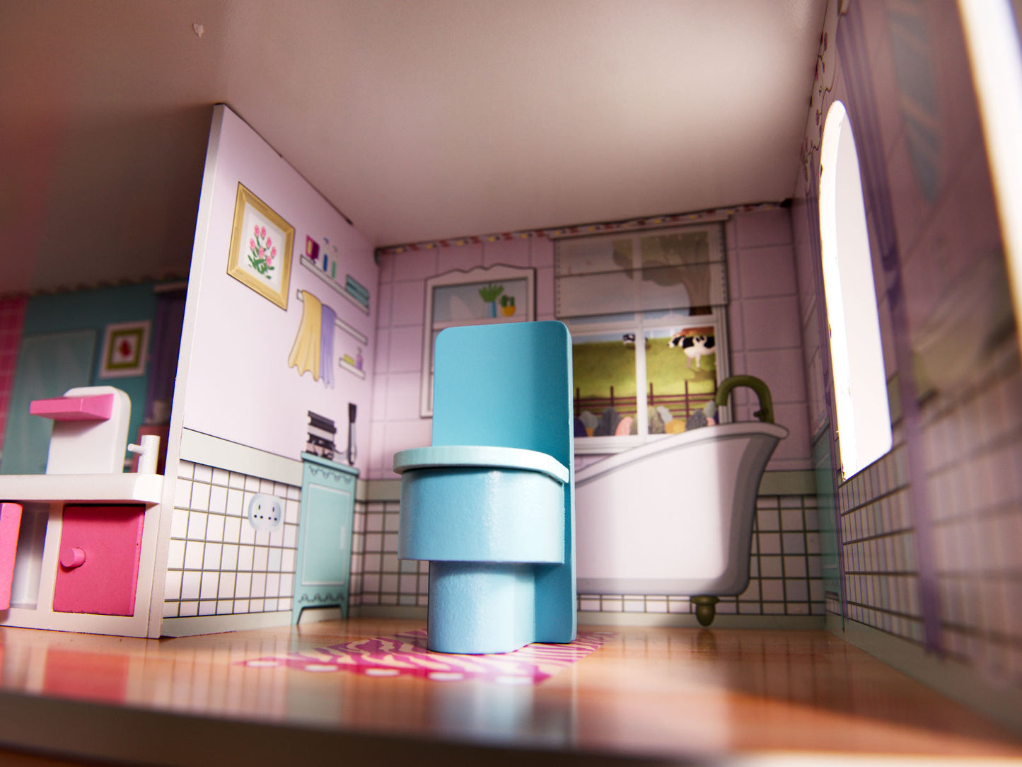 Casuta de Papusi Mercaton din Lemn MDF, cu Iluminare LED, 3 Niveluri, 5 Camere si Terasa, 9 Piese de Mobilier, 3 Ani +, 62 x 27 x 70 cm