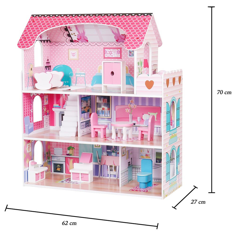 Casuta de Papusi Mercaton din Lemn MDF, cu Iluminare LED, 3 Niveluri, 5 Camere si Terasa, 9 Piese de Mobilier, 3 Ani +, 62 x 27 x 70 cm