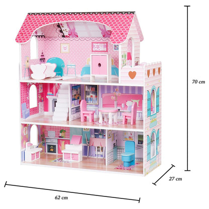 Casuta de Papusi Mercaton din Lemn MDF, cu Iluminare LED, 3 Niveluri, 5 Camere si Terasa, 9 Piese de Mobilier, 3 Ani +, 62 x 27 x 70 cm