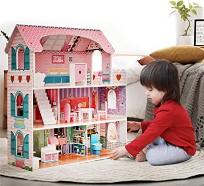 Casuta de Papusi Mercaton din Lemn MDF, cu Iluminare LED, 3 Niveluri, 5 Camere si Terasa, 9 Piese de Mobilier, 3 Ani +, 62 x 27 x 70 cm