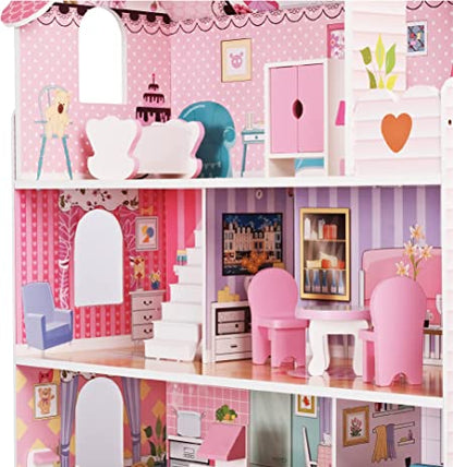 Casuta de Papusi Mercaton din Lemn MDF, cu Iluminare LED, 3 Niveluri, 5 Camere si Terasa, 9 Piese de Mobilier, 3 Ani +, 62 x 27 x 70 cm