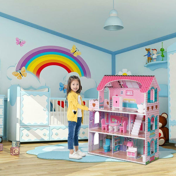 Casuta de Papusi Mercaton din Lemn MDF, cu Iluminare LED, 3 Niveluri, 5 Camere si Terasa, 9 Piese de Mobilier, 3 Ani +, 62 x 27 x 70 cm