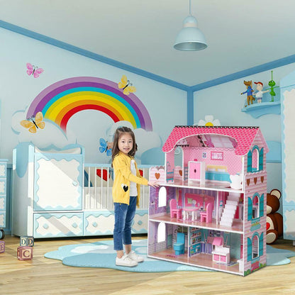 Casuta de Papusi Mercaton din Lemn MDF, cu Iluminare LED, 3 Niveluri, 5 Camere si Terasa, 9 Piese de Mobilier, 3 Ani +, 62 x 27 x 70 cm