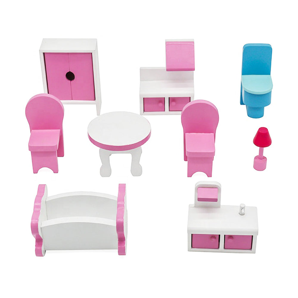 Casuta de Papusi Mercaton din Lemn MDF, cu Iluminare LED, 3 Niveluri, 5 Camere si Terasa, 9 Piese de Mobilier, 3 Ani +, 62 x 27 x 70 cm