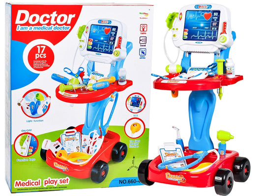 Set de Rol Complet Interactiv si Creativ, Micul Doctor, Carucior pe 4 Roti, 17 Accesorii incluse, Portabil