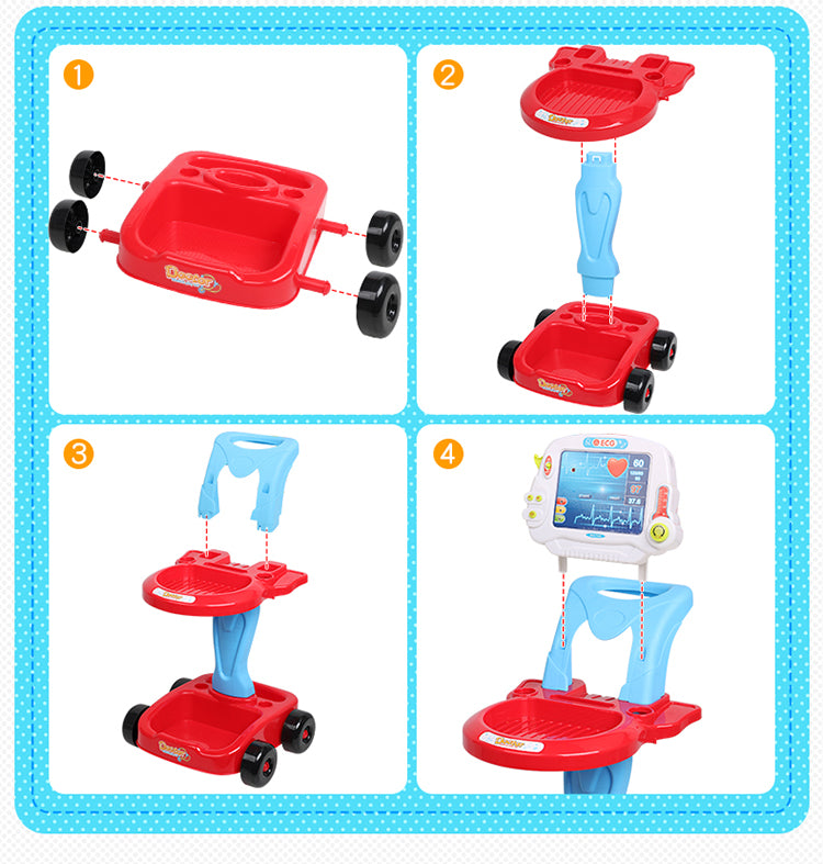 Set de Rol Complet Interactiv si Creativ, Micul Doctor, Carucior pe 4 Roti, 17 Accesorii incluse, Portabil