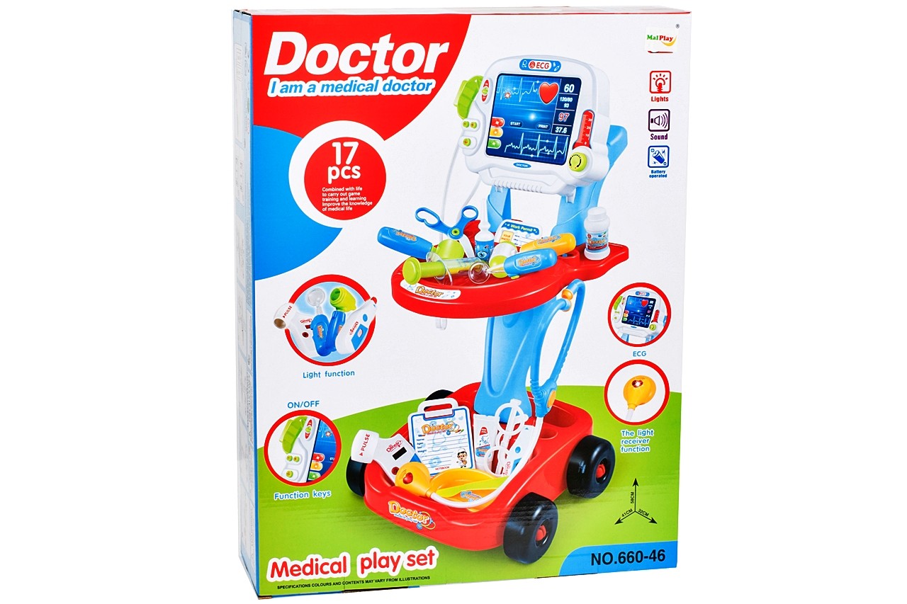 Set de Rol Complet Interactiv si Creativ, Micul Doctor, Carucior pe 4 Roti, 17 Accesorii incluse, Portabil