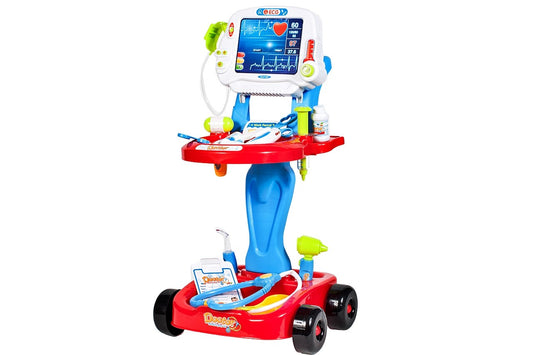 Set de Rol Complet Interactiv si Creativ, Micul Doctor, Carucior pe 4 Roti, 17 Accesorii incluse, Portabil