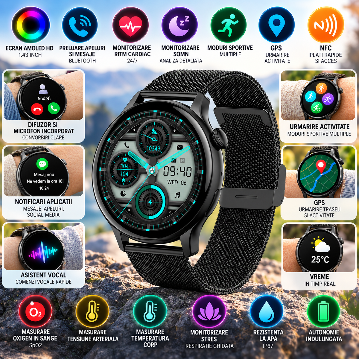 Ceas Smartwatch New Style Collection IdealStore, Ecran AMOLED HD 1.43 inch, Preluare Apeluri si Mesaje Bluetooth, NFC, Monitorizare Ritm Cardiac si Somn, Asistent Vocal, Difuzor si Microfon incorporat, IP67, Android-IOS, Long Battery, Black Metal Edition