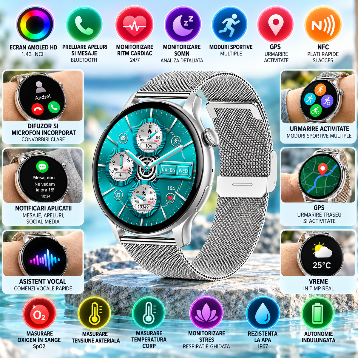 Ceas Smartwatch New Style Collection IdealStore, Ecran AMOLED HD 1.43 inch, Preluare Apeluri si Mesaje Bluetooth, NFC, Monitorizare Ritm Cardiac si Somn, Asistent Vocal, Difuzor si Microfon incorporat, IP67, Android-IOS, Long Battery, Gray Edition