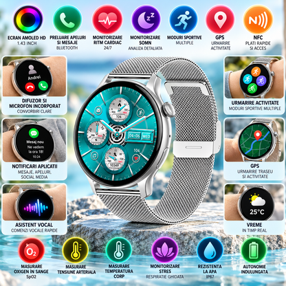 Ceas Smartwatch New Style Collection IdealStore, Ecran AMOLED HD 1.43 inch, Preluare Apeluri si Mesaje Bluetooth, NFC, Monitorizare Ritm Cardiac si Somn, Asistent Vocal, Difuzor si Microfon incorporat, IP67, Android-IOS, Long Battery, Silver Metal