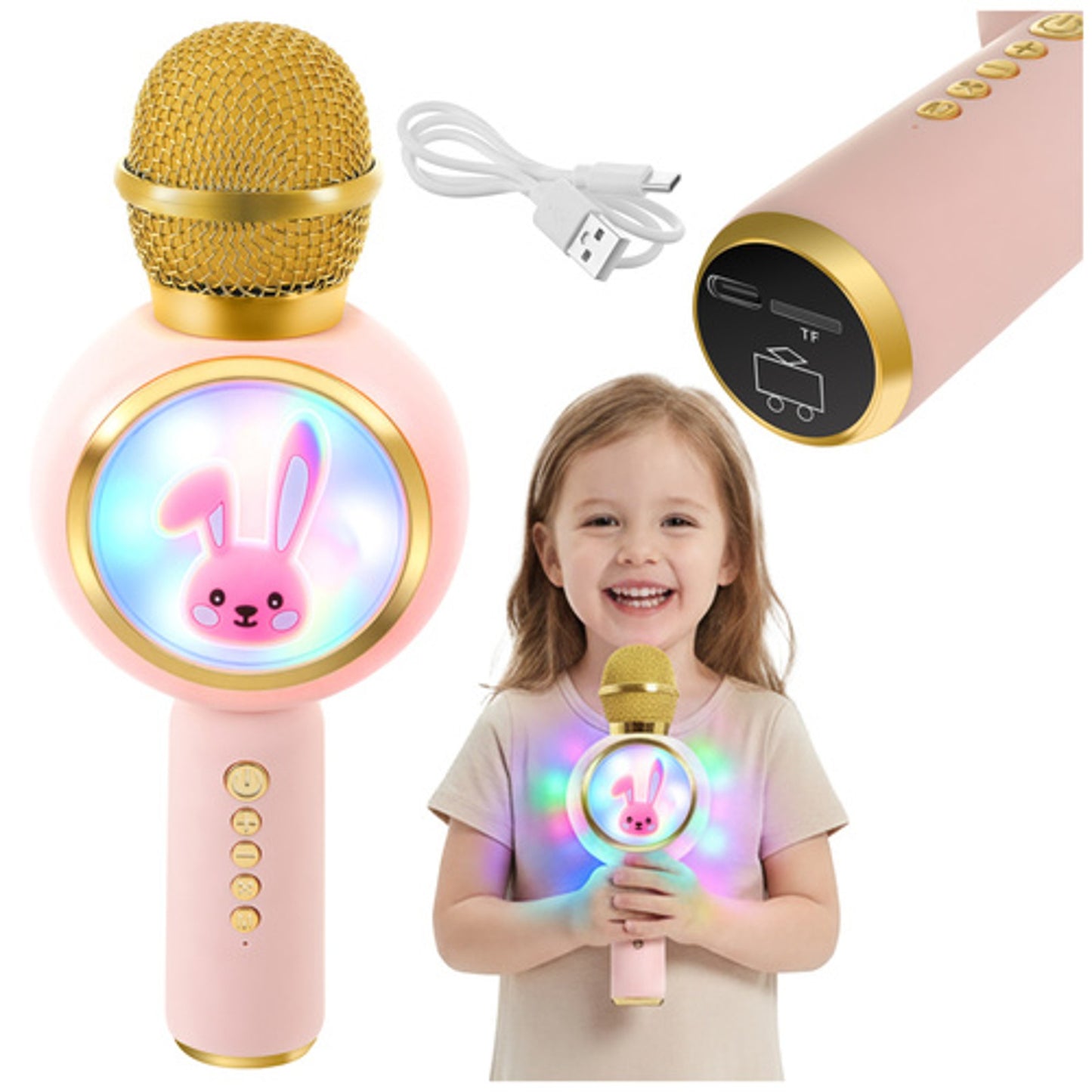 Microfon Karaoke Wireless idealSTORE cu Bluetooth, Difuzor si Lumini RGB, Modificare Voce, 5W, Roz
