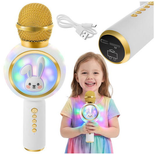 Microfon Karaoke Wireless idealSTORE cu Bluetooth, Difuzor 5W, Lumini RGB, Efecte Voce, Card TF, Alb