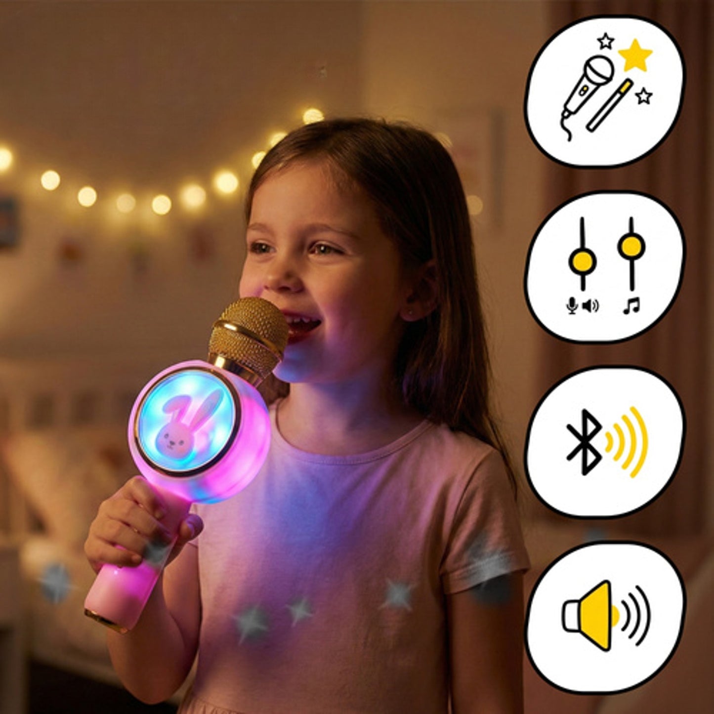 Microfon Karaoke Wireless idealSTORE cu Bluetooth, Difuzor si Lumini RGB, Modificare Voce, 5W, Roz