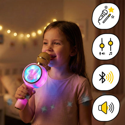 Microfon Karaoke Wireless idealSTORE cu Bluetooth, Difuzor si Lumini RGB, Modificare Voce, 5W, Roz