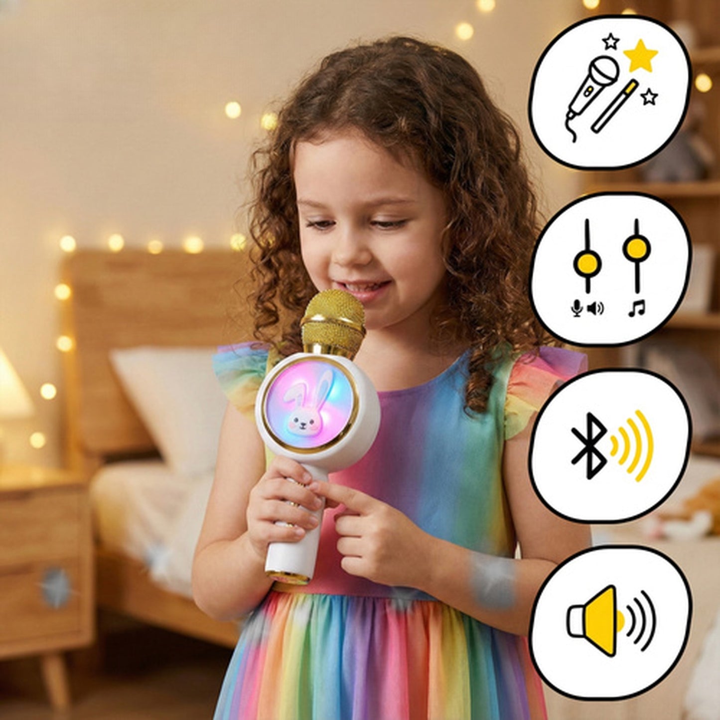 Microfon Karaoke Wireless idealSTORE cu Bluetooth, Difuzor 5W, Lumini RGB, Efecte Voce, Card TF, Alb