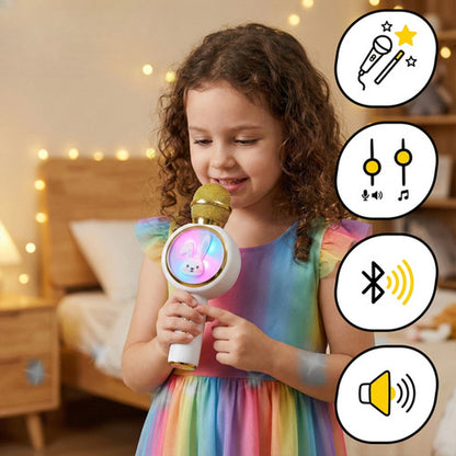 Microfon Karaoke Wireless idealSTORE cu Bluetooth, Difuzor 5W, Lumini RGB, Efecte Voce, Card TF, Alb