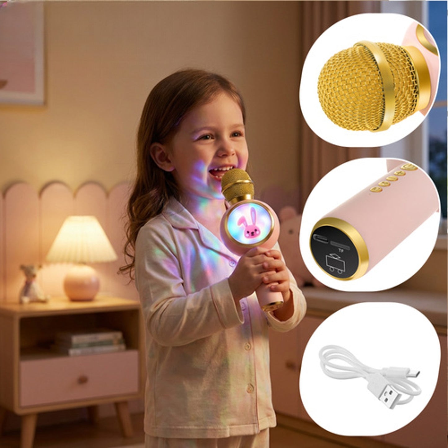 Microfon Karaoke Wireless idealSTORE cu Bluetooth, Difuzor si Lumini RGB, Modificare Voce, 5W, Roz