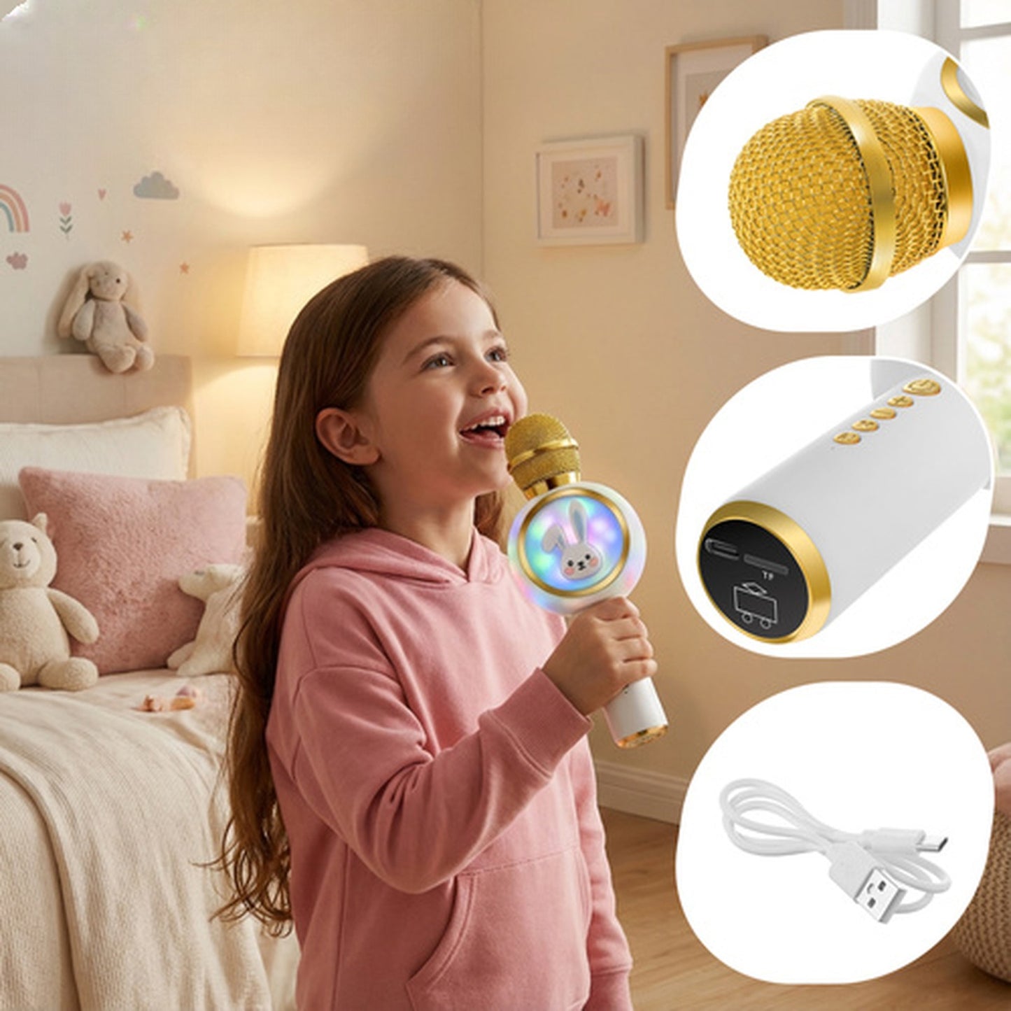 Microfon Karaoke Wireless idealSTORE cu Bluetooth, Difuzor 5W, Lumini RGB, Efecte Voce, Card TF, Alb