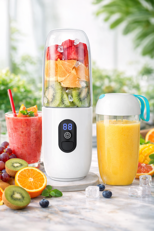 Mini Blender Electric RealMix White IdealStore, Portabil, Incarcare magnetica la orice port USB, 6 Lame din otel inoxidabil, Capacitate 510 ml, Putere 25.000 rpm, Usor de curatat, Afisaj LCD