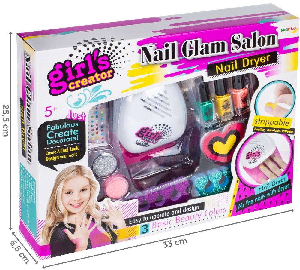 Set de manichiura/pedichiura Palmonix, pentru copii, cu lacuri, uscator unghii si accesorii, 11 elemente, multicolor