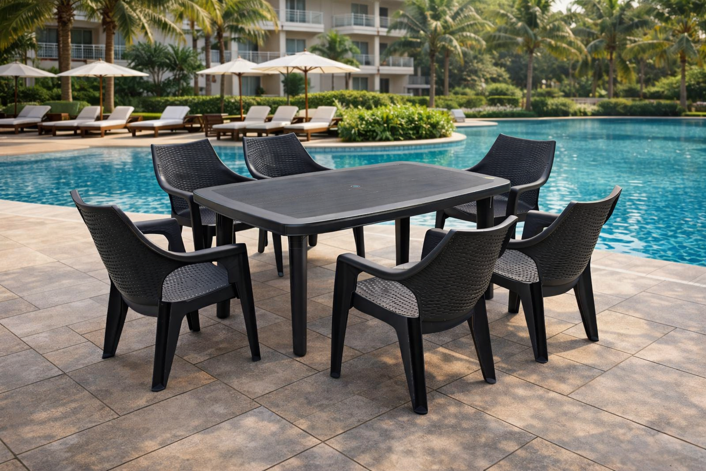 Set gradina cu masa si 6 scaune din plastic rezistent UV si intemperii, dimensiuni 135x85x72 cm, confort pentru familie