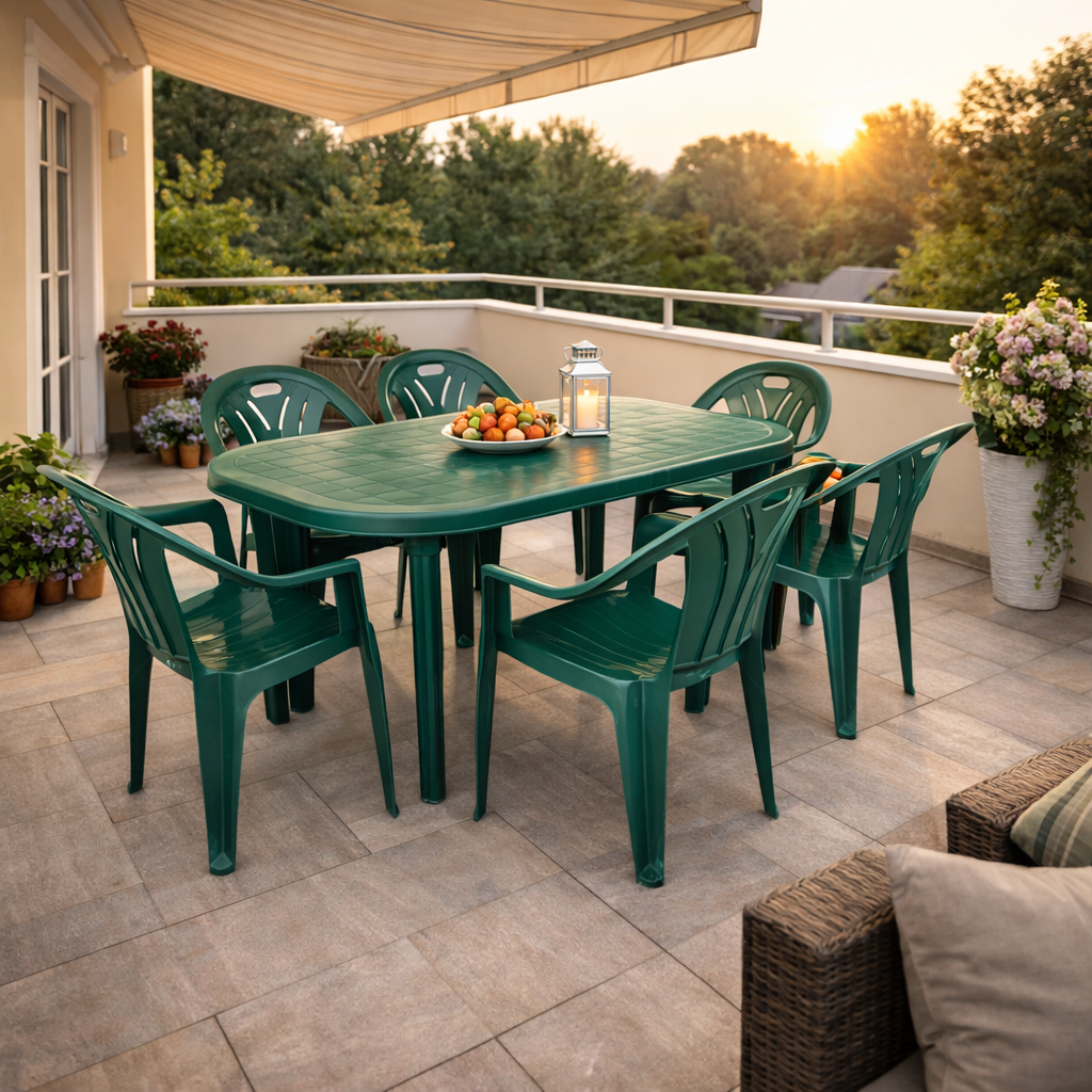 Set masa gradina idealSTORE cu 6 scaune, masa 135x82x75 cm, polipropilena rezistenta UV