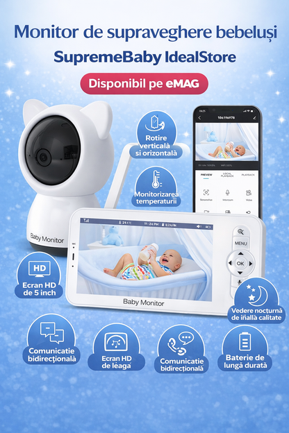 Baby Monitor IdealStore, Ecran HD de 5 inch, Monitorizare temperatura, Raza mare de actiune 300m