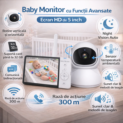Baby Monitor IdealStore cu Camera HD 5 Inch, Night Vision, Rotire 360