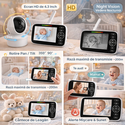 Baby Monitor MiniBaby IdealStore cu Ecran HD 4.3 Inch si Night Vision