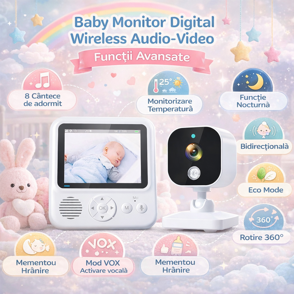 Baby Monitor Digital Wireless Audio-Video Smart BabyCam idealSTORE, Ecran HD 2, 8 inch LCD