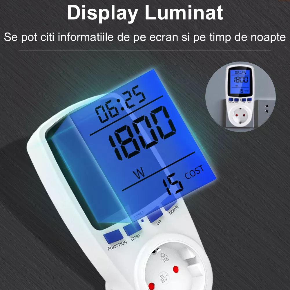 Priza cu Contor de Energie, Display Luminat LCD, Monitorizare Consum Energetic, Setare Cost kWh, Amperaj, Tensiune, Putere Maxima 3680 W, Alb