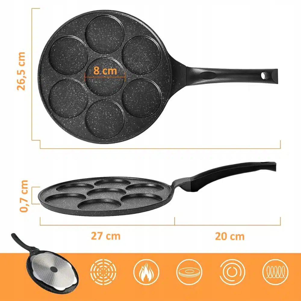 Tigaie pentru clatite, Welora, 7 zone de gatit cu o adancime de 0.7 cm, Confectionata din aluminiu, Antiaderanta, Compatibila cu plite cu inductie, electrice, ceramice si pe gaz, Dimensiuni 47 x 0.7 x 0.8 cm, Negru