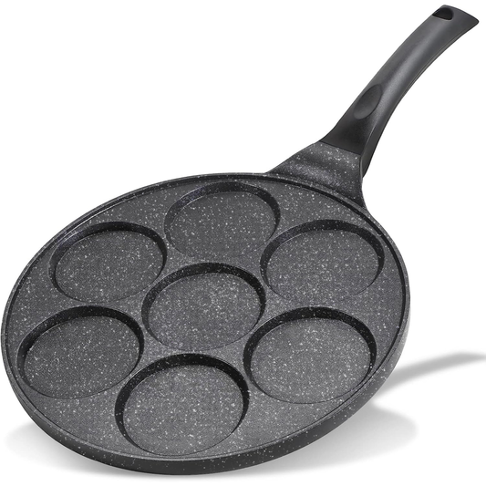 Tigaie pentru clatite, Welora, 7 zone de gatit cu o adancime de 0.7 cm, Confectionata din aluminiu, Antiaderanta, Compatibila cu plite cu inductie, electrice, ceramice si pe gaz, Dimensiuni 47 x 0.7 x 0.8 cm, Negru