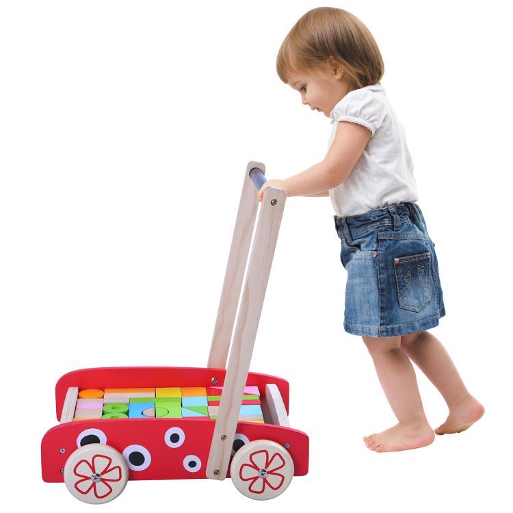 Antemergator si Carucior pentru Cuburi 2 in 1 'LikeSmart Prietenul Zambaret' din Lemn Natural, 40 piese colorate, Nontoxic, Multicolor