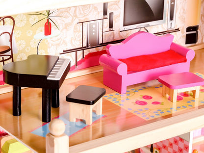 Jucarie tip casa mare din lemn pentru copii, pe 3 nivele cu 5 camere si accesorii, 4 papusi, 63x36x71cm