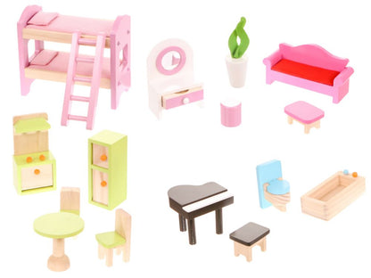 Jucarie tip casa mare din lemn pentru copii, pe 3 nivele cu 5 camere si accesorii, 4 papusi, 63x36x71cm