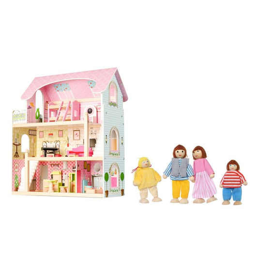 Jucarie tip casa mare din lemn pentru copii, pe 3 nivele cu 5 camere si accesorii, 4 papusi, 63x36x71cm