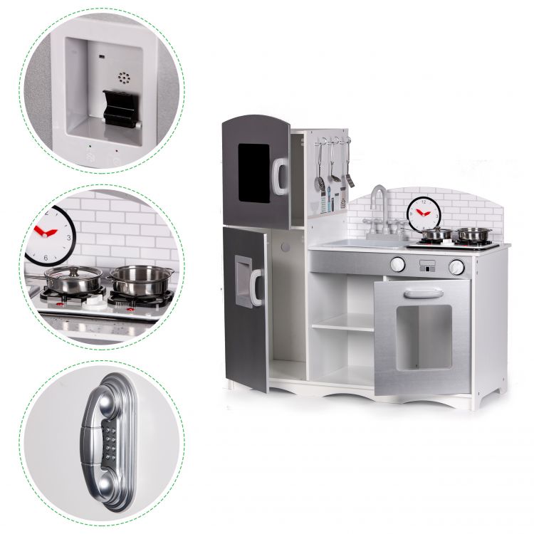 Bucatarie pentru Copii XXL din Lemn, cu Frigider, Cuptor, Plita si 5 Accesorii, 82 x 30 x 86 cm, gri