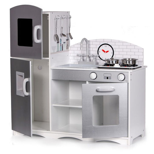 Bucatarie pentru Copii XXL din Lemn, cu Frigider, Cuptor, Plita si 5 Accesorii, 82 x 30 x 86 cm, gri