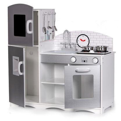 Bucatarie pentru Copii XXL din Lemn, cu Frigider, Cuptor, Plita si 5 Accesorii, 82 x 30 x 86 cm, gri