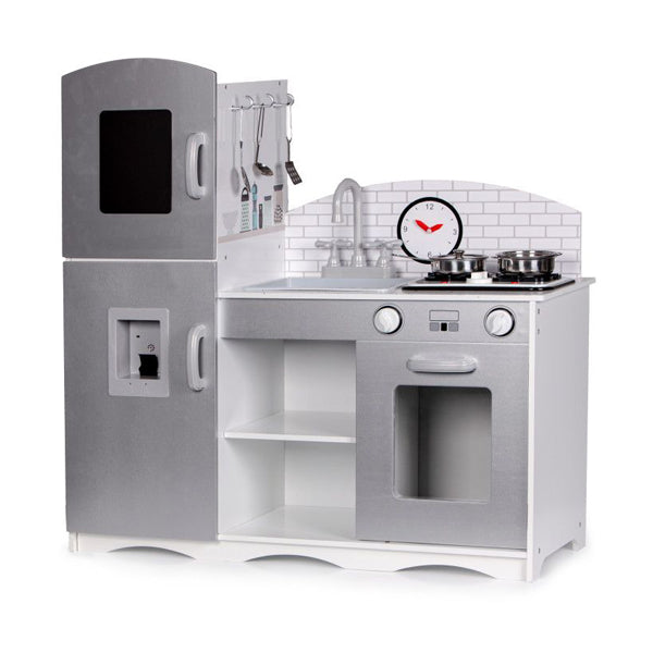 Bucatarie pentru Copii XXL din Lemn, cu Frigider, Cuptor, Plita si 5 Accesorii, 82 x 30 x 86 cm, gri