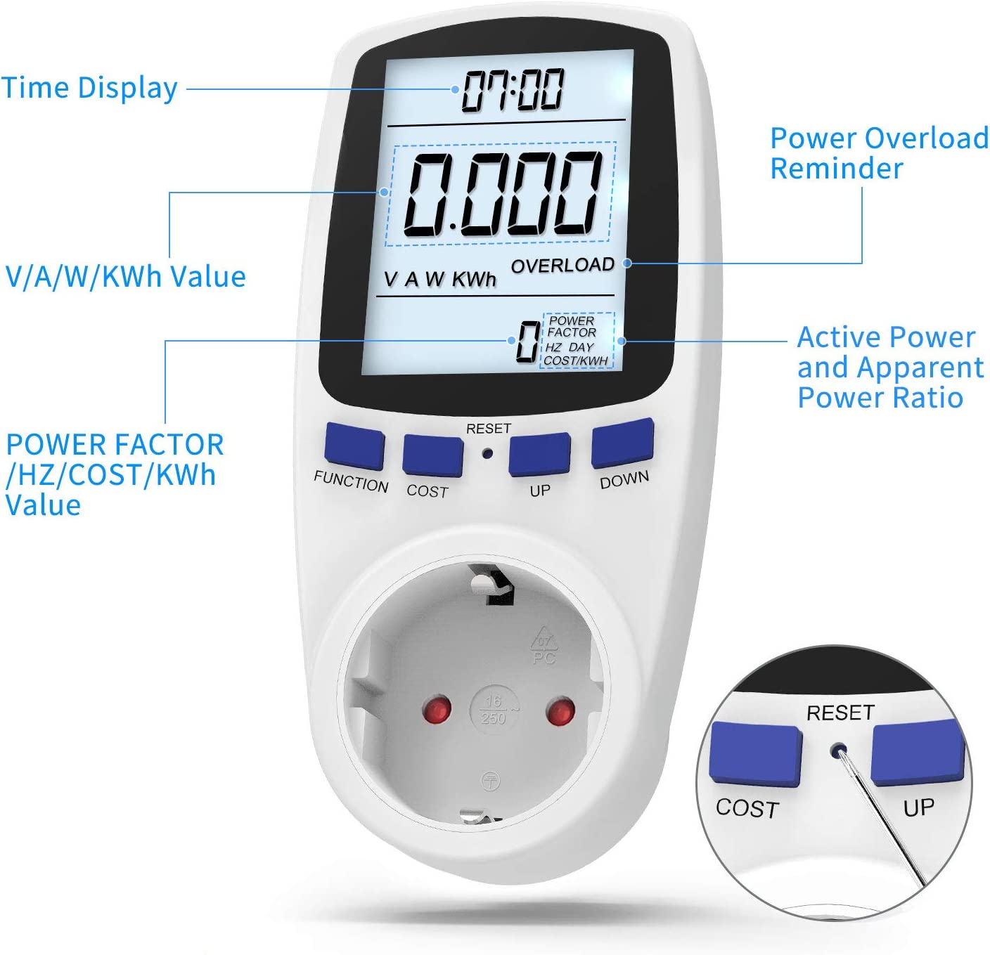 Priza cu wattmetru digital, MzoLife, Afisaj LCD, 230-250V, Alb