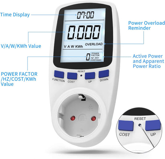 Priza cu wattmetru digital, MzoLife, Afisaj LCD, 230-250V, Alb