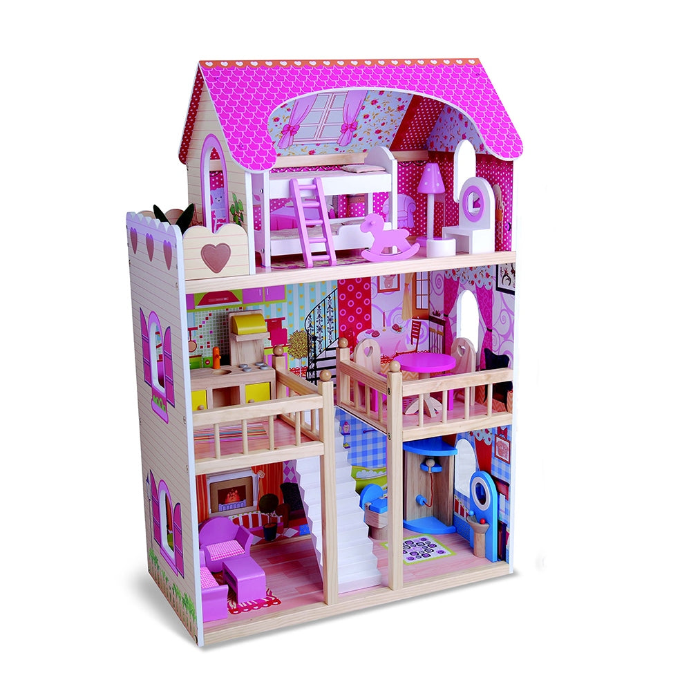 Casuta pentru papusi din lemn masiv NOVOKIDS Emily PlayHouse, Cu piese mobilier detasabile, Jucarie educativa, Inaltime 90 cm, Materiale Eco, Multicolor