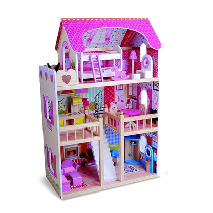Casuta pentru papusi din lemn masiv NOVOKIDS Emily PlayHouse, Cu piese mobilier detasabile, Jucarie educativa, Inaltime 90 cm, Materiale Eco, Multicolor
