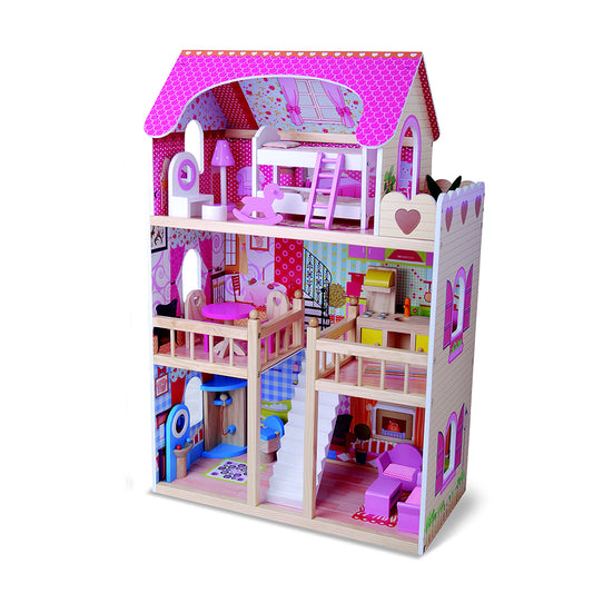 Casuta pentru papusi din lemn masiv NOVOKIDS Emily PlayHouse, Cu piese mobilier detasabile, Jucarie educativa, Inaltime 90 cm, Materiale Eco, Multicolor