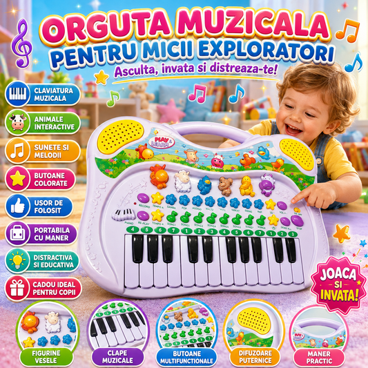 Orga electronica interactiva idealSTORE World Disney Animal, Dimensiuni 38.0 x 27.0 cm, Echipata cu 6 sunete de animale, 8 melodii vesele, Functie de inregistrare si redare, Design multifunctional