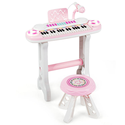 Orga Electronica cu Scaunel idealSTORE, Include 37 de Taste, 8 Ritmuri, 4 Niveluri de Percutie, Microfon si Lumini Karaoke, MP3, Functie de Inregistrare si Redare, Volum Reglabil, Suport Muzical, Cablu USB