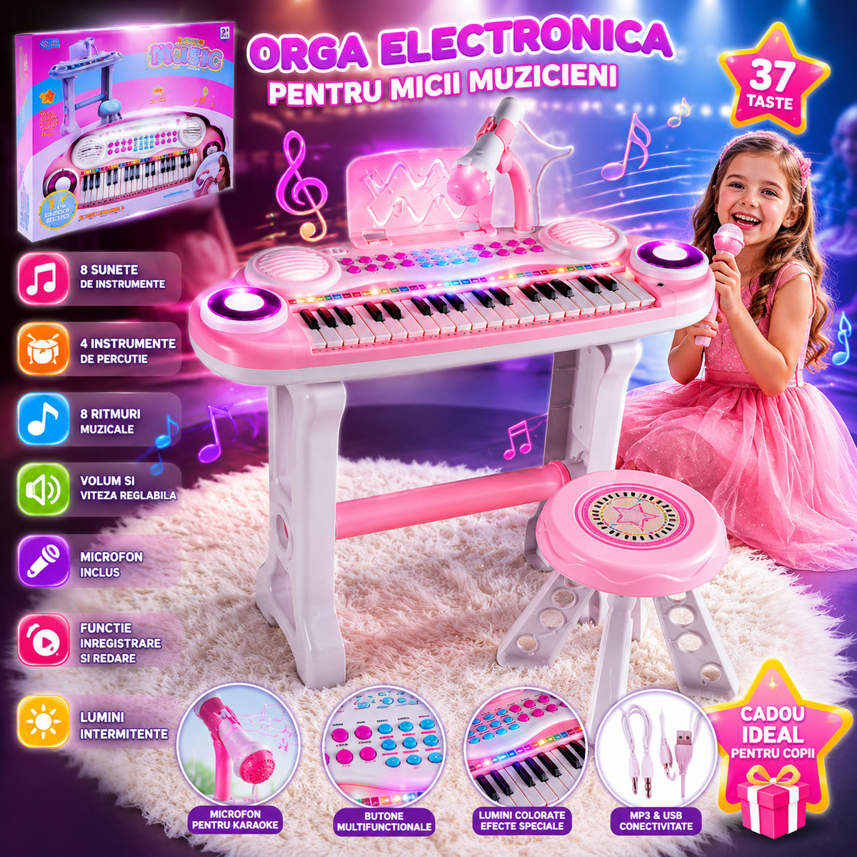 Orga Electronica cu Scaunel idealSTORE, Include 37 de Taste, 8 Ritmuri, 4 Niveluri de Percutie, Microfon si Lumini Karaoke, MP3, Functie de Inregistrare si Redare, Volum Reglabil, Suport Muzical, Cablu USB
